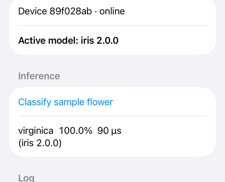 The iOS sample app: a device online, Active model iris 2.0.0, Classify sample flower, and the result virginica 100.0% in 90 microseconds.